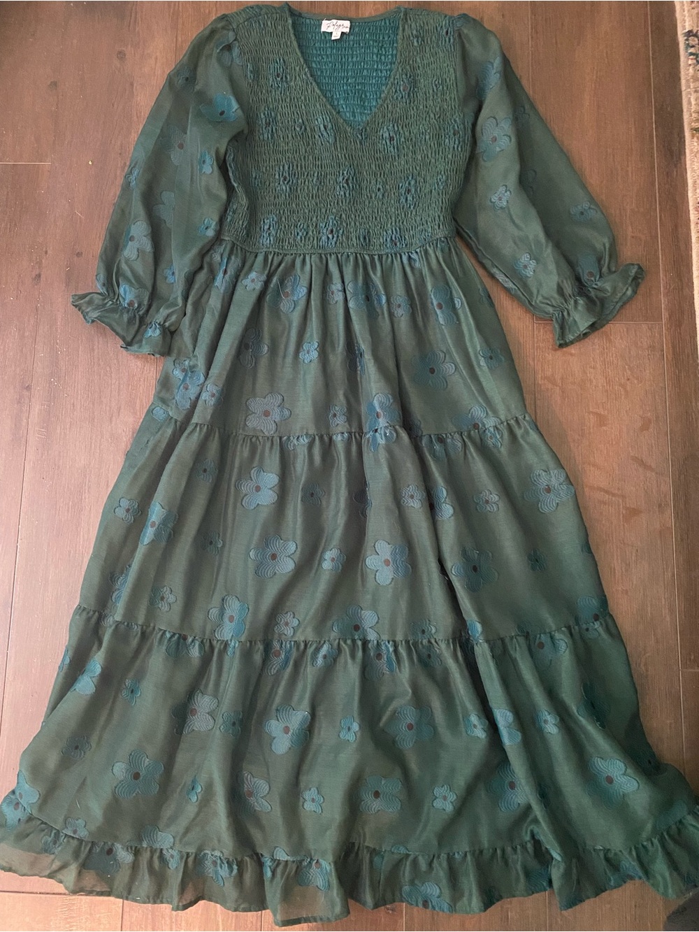 Polagram Teal Green Floral Smocked Midi Dress